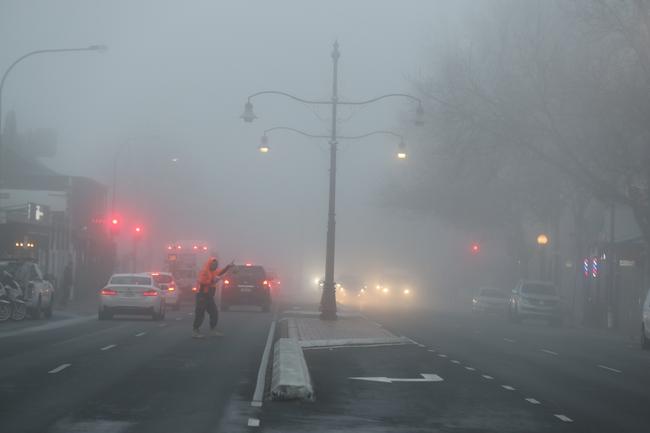 Fog around O'Connell St, North Adelaide, looking towards the CBD on July 14. Picture: Tait Schmaal.