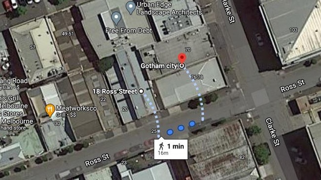 The map route between Gotham City and the site of the alleged illicit Ross St brothel.