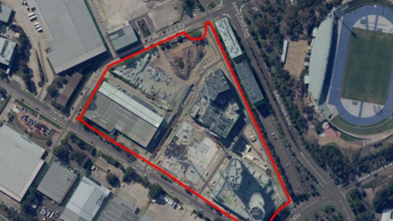 An aerial view of the Carter Street precinct at Lidcombe where Civic Park is proposed.