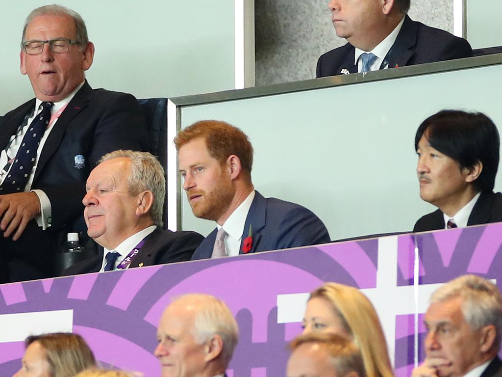 Prince Harry, Duke of Sussex, looks on from the stands next to Bill Beaumont, Chairman of World Rugby and Fumihito, Crown Prince Akishino during the Rugby World Cup 2019 Final. Picture: Getty