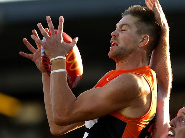 Giants Harry Himmelberg mark last term during the AFL Gather Round match between GWS Giants and Hawthorn Hawks at Norwood Oval, Adealide on April 16, 2023.  Photo by Phil Hillyard(Image Supplied for Editorial Use only - **NO ON SALES** - Â©Phil Hillyard )