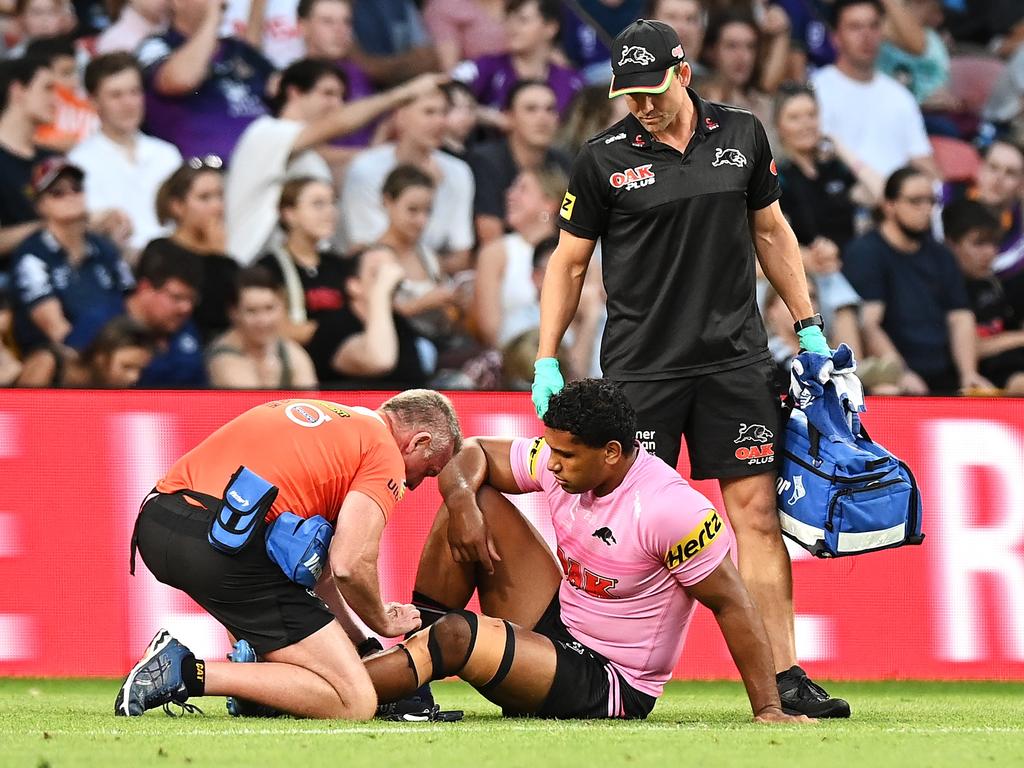 Mid-season recruit Pangai, who suffered an MCL injury in the 10-6 win over Melbourne, was in a knee brace on Monday. Picture: Bradley Kanaris / Getty Images