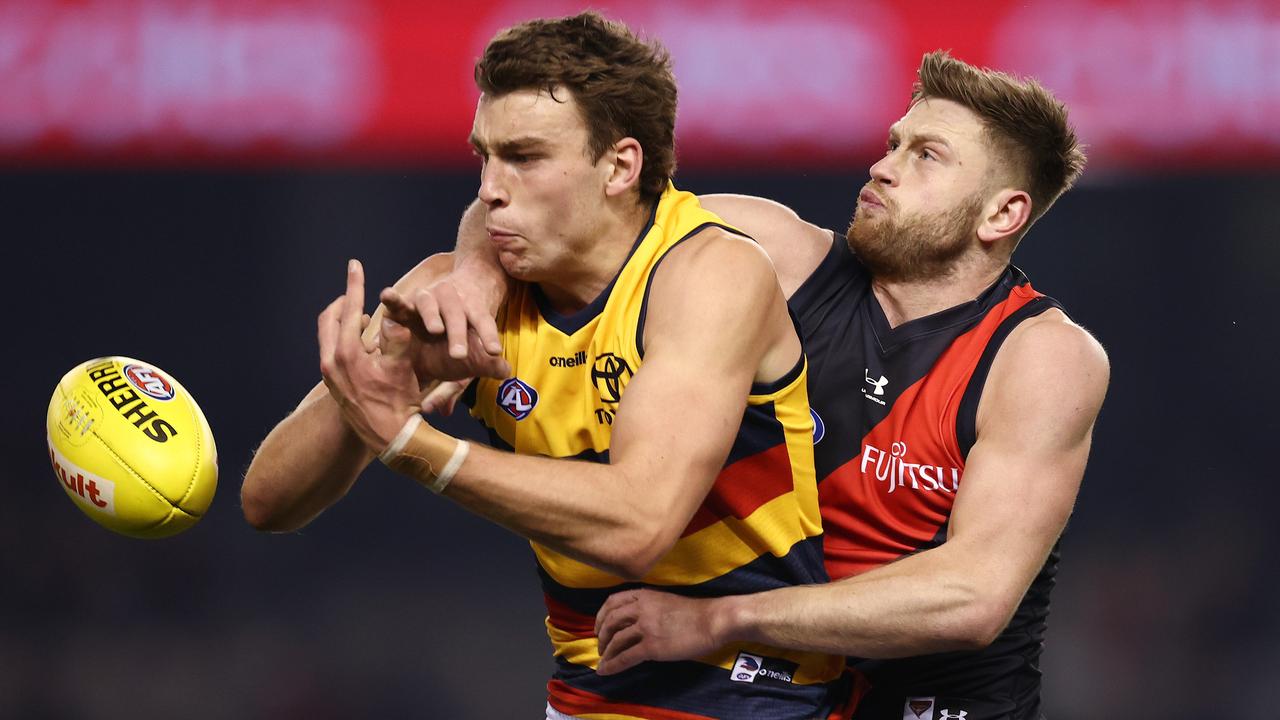 Jayden Laverde spoils Adelaide’s Riley Thilthorpe.