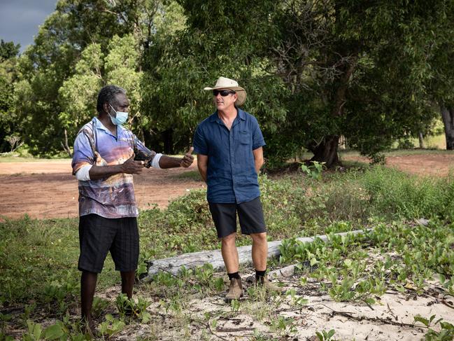 Munupi Senior Lawman, Dennis Tipakalippa, with marine scientist &amp; energy campaigner for the Environment Centre NT, Jason Fowler. Picture: Supplied