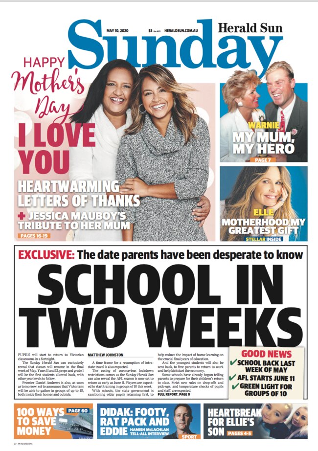 Last week's Sunday Herald Sun <a href="https://www.heraldsun.com.au/coronavirus/vic-students-back-to-school-in-two-weeks/news-story/0bd731f4e178b1c301e2bad0eb2429cf">exclusively revealed the return date for Victorian schools</a>