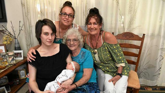 HAPPY FAMILIES: Five-week old Astrid Hewerdine, with mum Pamela Tinney, grandmother Brandy Spokes (back left), great-grandmother Di Gerrard (back right) and great-great-grandmother Joy Payne (front). Picture: Mike Knott BUN120918FIVE2