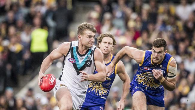 West Coast Eagles and Port Adelaide at the Domain Stadium in Perth. Picture: Tony McDonough