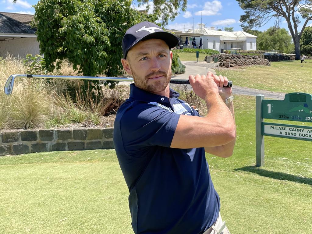Devon Smith at the first tee at Mt Derrimut Golf and Community Club. Picture: Max Hatzoglou