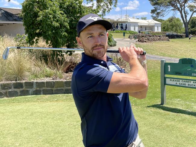 Devon Smith at the first tee at Mt Derrimut Golf and Community Club. Picture: Max Hatzoglou