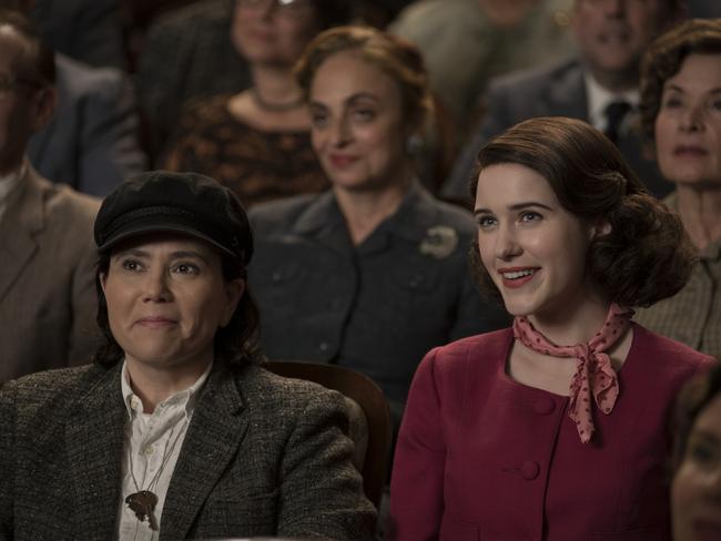 Alex Borstein and Rachel Brosnahan in The Marvelous Mrs. Maisel on Amazon Prime Video