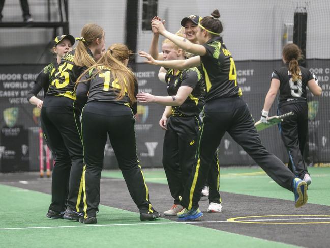 Indoor Cricket World Cup Australia 2022. U22 Girls game between Australia and New Zealand. Australian players celebrate.  Picture: Valeriu Campan