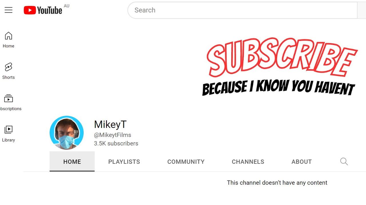 MikeyT's YouTube profile page now features no content following police charges.