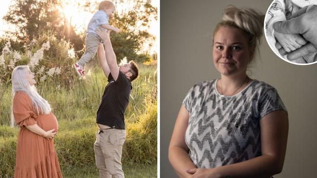 Left: Nikki Hufton, a few weeks before Sophie was born, with partner Aaron Harrison and their son, Jaxon in a maternity shoot. Picture: Suzanne Knapman Photography<br/>Right: Nikki Hufton at her home in Bahrs Scrub, Logan. Picture: David Kelly<br/>Inset: Nikki’s favourite thing to do was hold Sophie’s little hand. Picture: Marianne Wuthrich