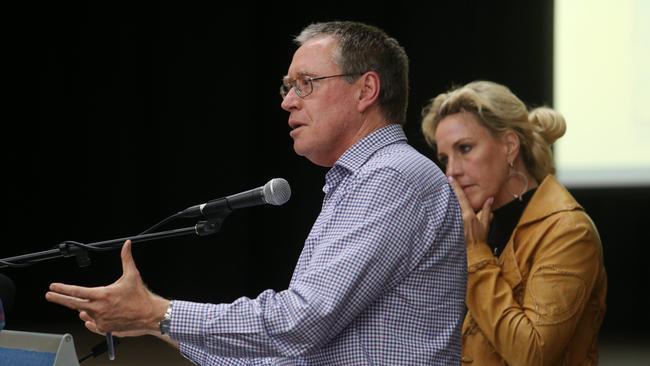 Peter Shannon from Shine Lawyers and Erin Brockovich speaking at a community meeting at Oakey Cultural Centre. Picture: Tara Croser