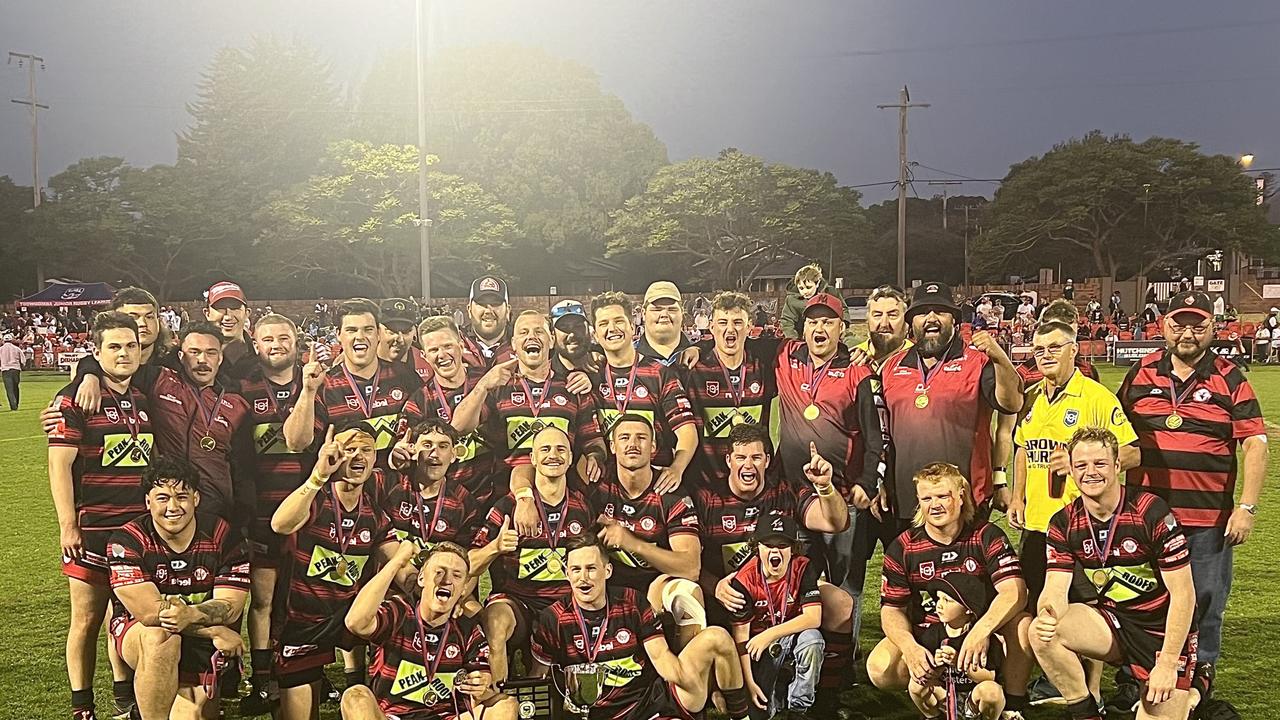 Toowoomba Valleys Roosters celebrate winning the Reserve grade premiership on TRL grand final day at Clive Berghofer Stadium on Saturday September 16, 2023.