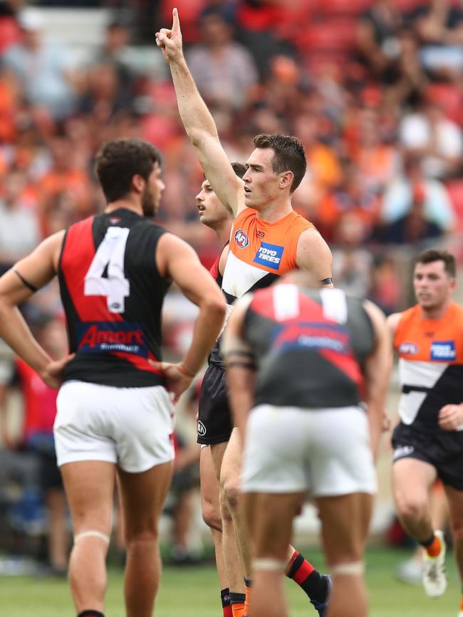 Jeremy Cameron celebrates a goal during GWS Giants’ rout of Essendon. Mark Metcalfe.