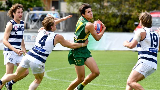 Action in the QAFL colts Australian Football semi-final between Maroochydore and Broadbeach. Saturday September 10, 2022. Picture, John Gass