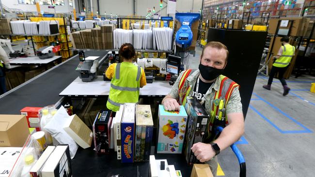 Inside Amazon’s Lytton fulfilment centre in Brisbane. Picture David Clark