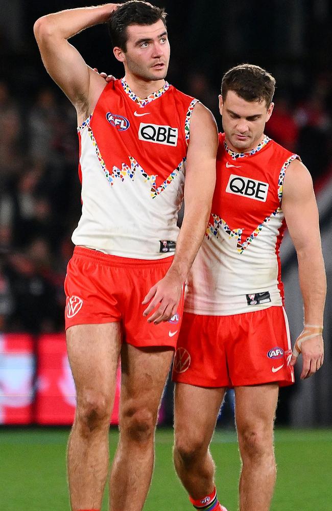 Logan McDonald and Tom Papley of the Swans after the final siren. Picture: Morgan Hancock/AFL Photos/via Getty Images.
