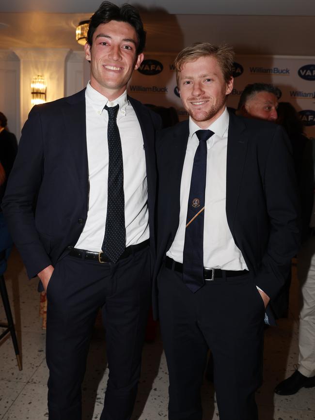 MELBOURNE, AUSTRALIA – OCTOBER 9 2024Ben Jackson and George Derham at the VAFA Awards Night at the San Remo Ballroom in Carlton on October 9, 2024Picture: Brendan Beckett