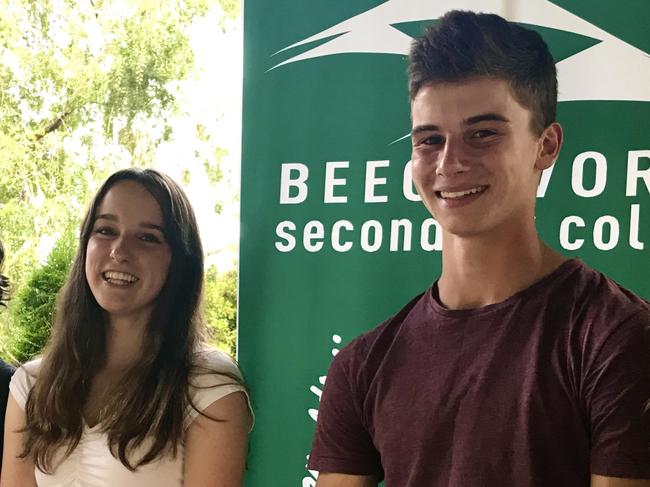 Beechworth Secondary College's top performing students in 2020 were (from left) Grace Rutherfurd, 84, Keeley Morrison, 91.5, Lily McPherson, 99.5, Liam McPherson, 96.75, Tiahn Barnard, 93.6.