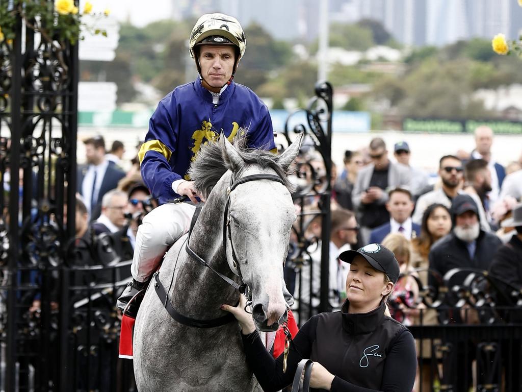 TENSE: Tim Clark returns to scale on White Marlin after winning race two, the The Macca’s Run, during Melbourne Cup Day at Flemington Racecourse. Picture: Darrian Traynor / Getty Images