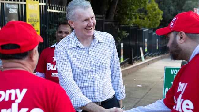 Tony Burke greeting the Labor volunteers at Punchbowl Public School. Picture: Jordan Shields