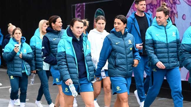 The Matildas take a stroll through Darling Harbour on Wednesday. Picture: Jeremy Piper