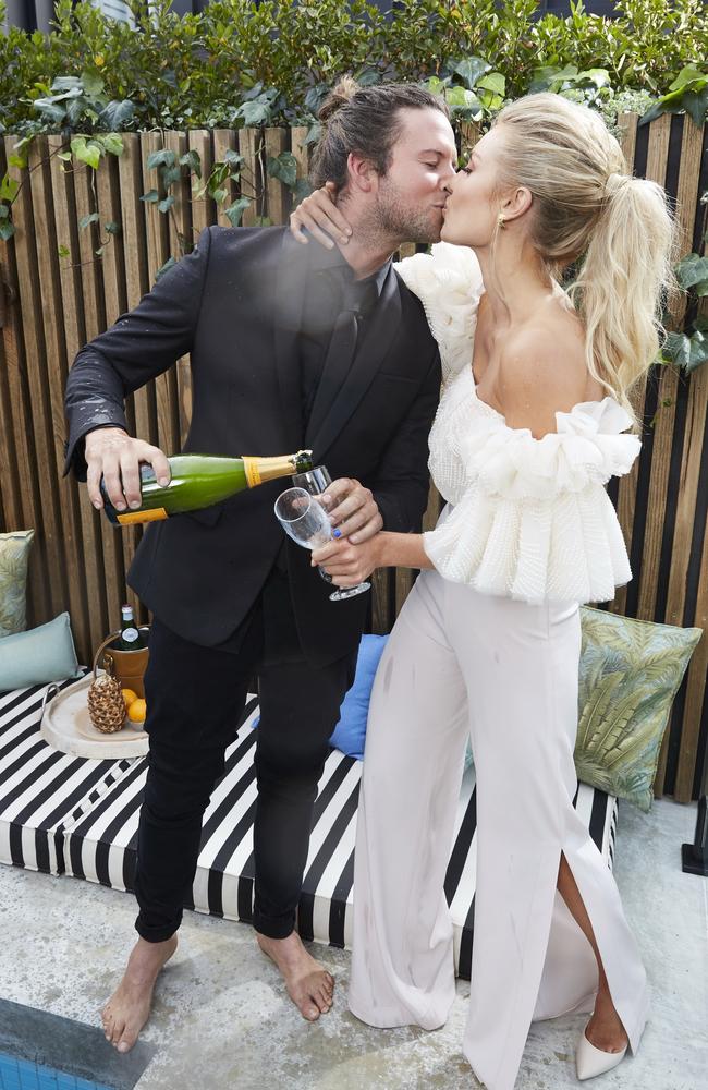 Josh Barker and Elyse Knowles celebrate their win on the 2017 season of The Block. Picture: Channel Nine