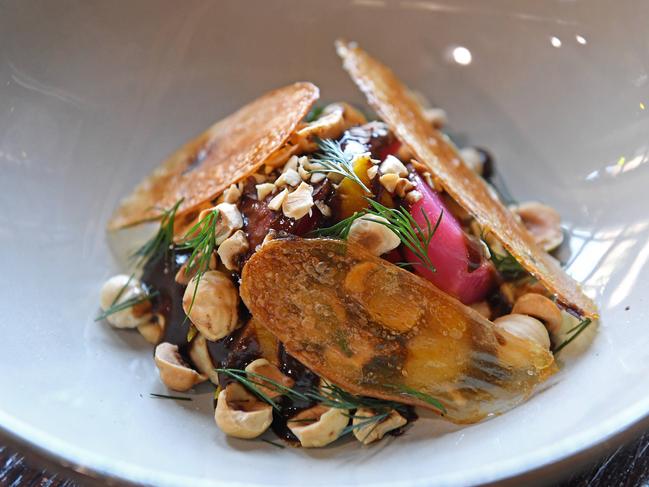 01/10/20 - Baby beets, hazelnut, hummus, black garlic, kipfler crisp at Lou's Place at Rowland Flat.Picture: Tom Huntley