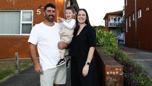 Emma, Jono and little Archie are selling their first home. Picture: Jonathan Ng