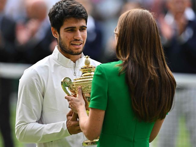 Princess Catherine presents the winner's trophy to Spain's Carlos Alcaraz after beating Serbia's Novak Djokovic in 2023. Picture: AFP