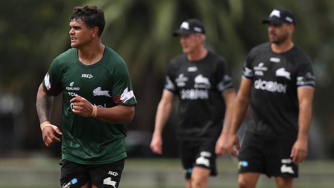 Latrell Mitchell watched on by coach Wayne Bennett and Greg Inglis during South Sydney NRL training at Redfern Oval, Sydney. Picture: Brett Costello