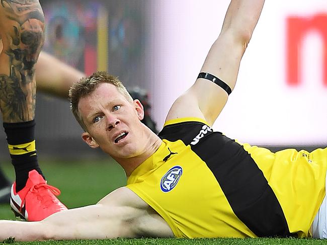 ADELAIDE, AUSTRALIA - AUGUST 08: Jack Riewoldt of the Tigers calls for a free during the round 11 AFL match between the Port Adelaide Power and the Richmond Tigers at Adelaide Oval on August 08, 2020 in Adelaide, Australia. (Photo by Mark Brake/Getty Images)