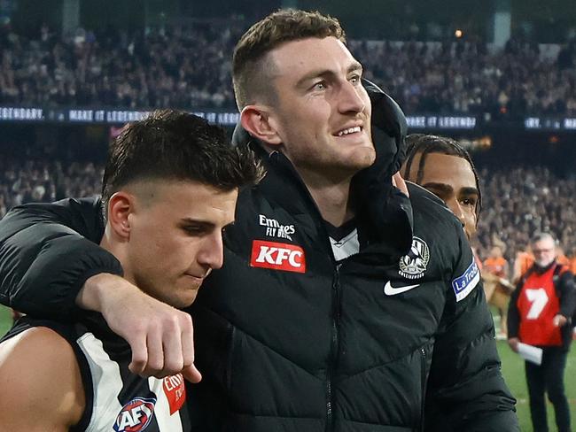 MELBOURNE, AUSTRALIA - SEPTEMBER 22: Nick Daicos of the Magpies (left) and Daniel McStay of the Magpies celebrate during the 2023 AFL First Preliminary Final match between the Collingwood Magpies and the GWS GIANTS at Melbourne Cricket Ground on September 22, 2023 in Melbourne, Australia. (Photo by Michael Willson/AFL Photos via Getty Images)