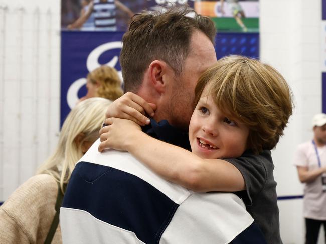 Injured Cats captain Patrick Dangerfield and son George post-match. Picture: Michael Willson/AFL Photos via Getty Images