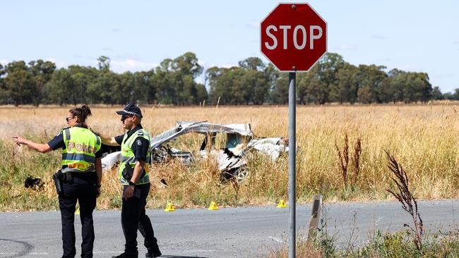 Police on scene at the corner of Pine Lodge North Rd and Cosgrove-Lemnos Rd near Shepparton where a crash claimed the lives of four people. Picture: Ian Currie