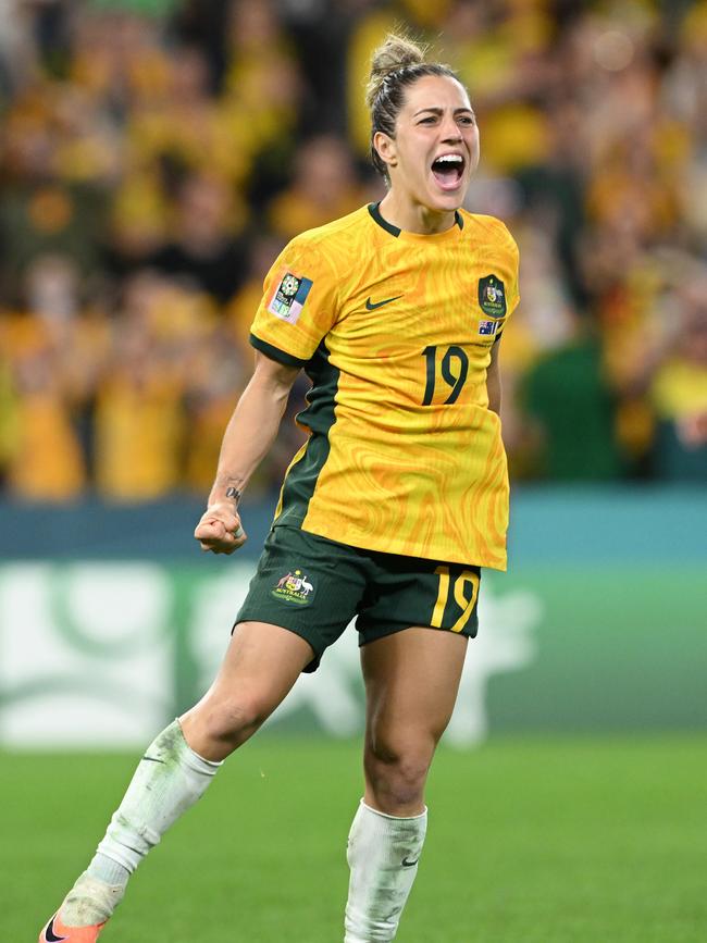 Katrina Gorry celebrates the Matildas victory. Picture: Bradley Kanaris/Getty Images