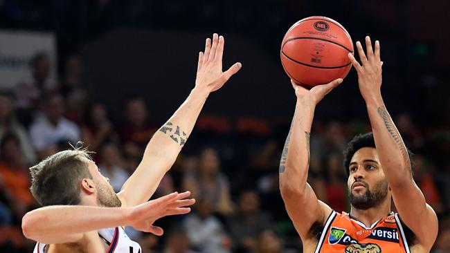 CAIRNS, AUSTRALIA — OCTOBER 26: Melo Trimble of the Taipans takes a jump shot during the round three NBL match between the Cairns Taipans and the Adelaide 36ers at Cairns Convention Centre on October 26, 2018 in Cairns, Australia. (Photo by Ian Hitchcock/Getty Images)