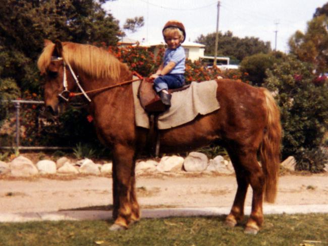 Kerrin McEvoy riding a pony in 1983.