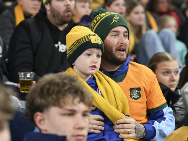 SYDNEY, AUSTRALIA - JULY 20: Wallabies fans react as Aka Tabutsadze of Georgia scores a try during the International Test Match between Australia Wallabies and Georgia at Allianz Stadium on July 20, 2024 in Sydney, Australia. (Photo by Jaimi Joy/Getty Images)