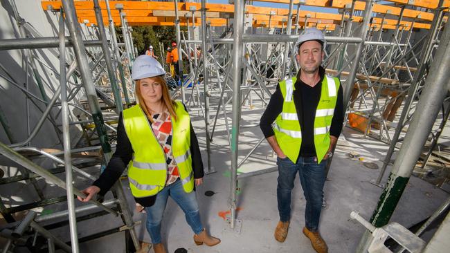 CEO of UDIA Vic, Danni Hunter and Ben Turner, Director, on the building site in Carlton. Picture: Jay Town