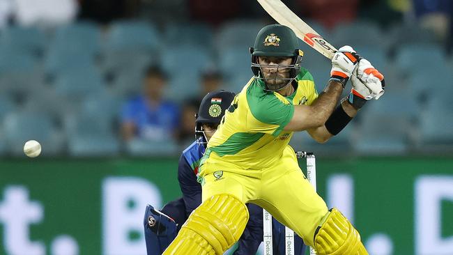 Glenn Maxwell prepares for a switch-hit against India in the third ODI in Canberra. Picture: Phil Hillyard