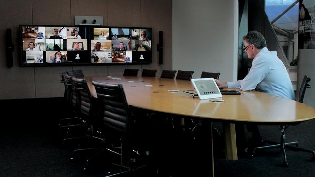 National Australia Bank CEO Ross McEwan meeting his senior executive team during the coronavirus lockdown. Picture: Supplied.