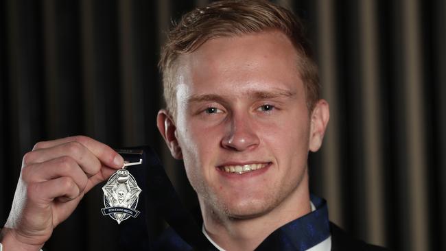 Jaidyn Stephenson of the Collingwood Magpies poses for photographs after winning the 2018 NAB AFL Rising Star Award. Picture: AAP Image/David Crosling