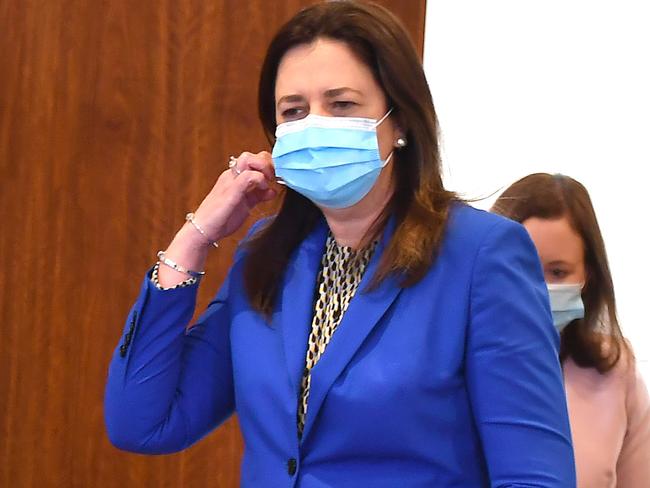 Premier Annastacia Palaszczuk walks into the media conference about the Covid update in Brisbane.Thursday July 8, 2021. Picture John Gass