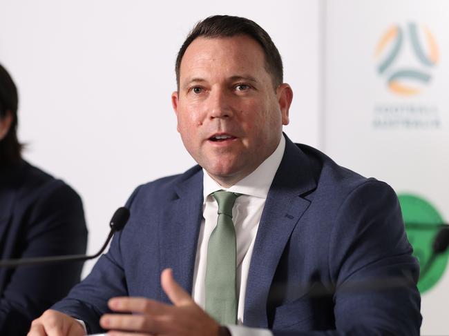 SYDNEY, AUSTRALIA - NOVEMBER 08:  Football Australia CEO James Johnson speaks to media during the Football Australia Collective Bargaining Agreement Announcement at Allianz Stadium on November 08, 2023 in Sydney, Australia. (Photo by Mark Metcalfe/Getty Images for Football Australia)