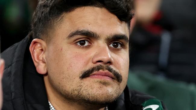 SYDNEY, AUSTRALIA - AUGUST 08: Latrell Mitchell of the Rabbitohs looks on from the stands during the round 23 NRL match between South Sydney Rabbitohs and Melbourne Storm at Accor Stadium, on August 08, 2024, in Sydney, Australia. (Photo by Brendon Thorne/Getty Images)