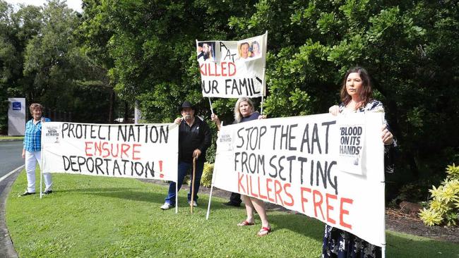 The Aylward Family protest the meeting of the AAT outsite Novotel Twin Waters. Picture: Lachie Millard