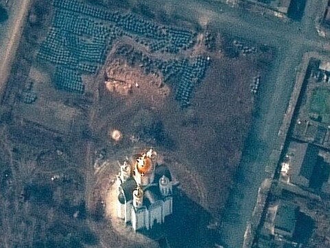 A satellite image shows a mass grave outside a church in the Ukrainian town of Bucha. Picture: Supplied